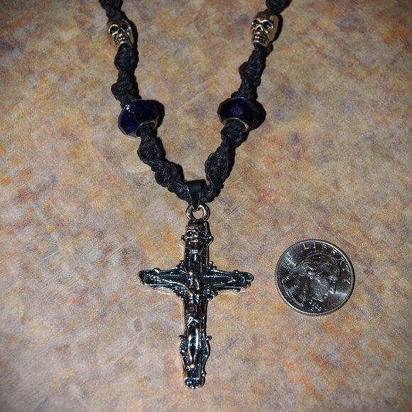 Gothic Crucifix and Skull Cross on a Black Hemp 17 1/2" Handmade Necklace - Picture 2 of 4